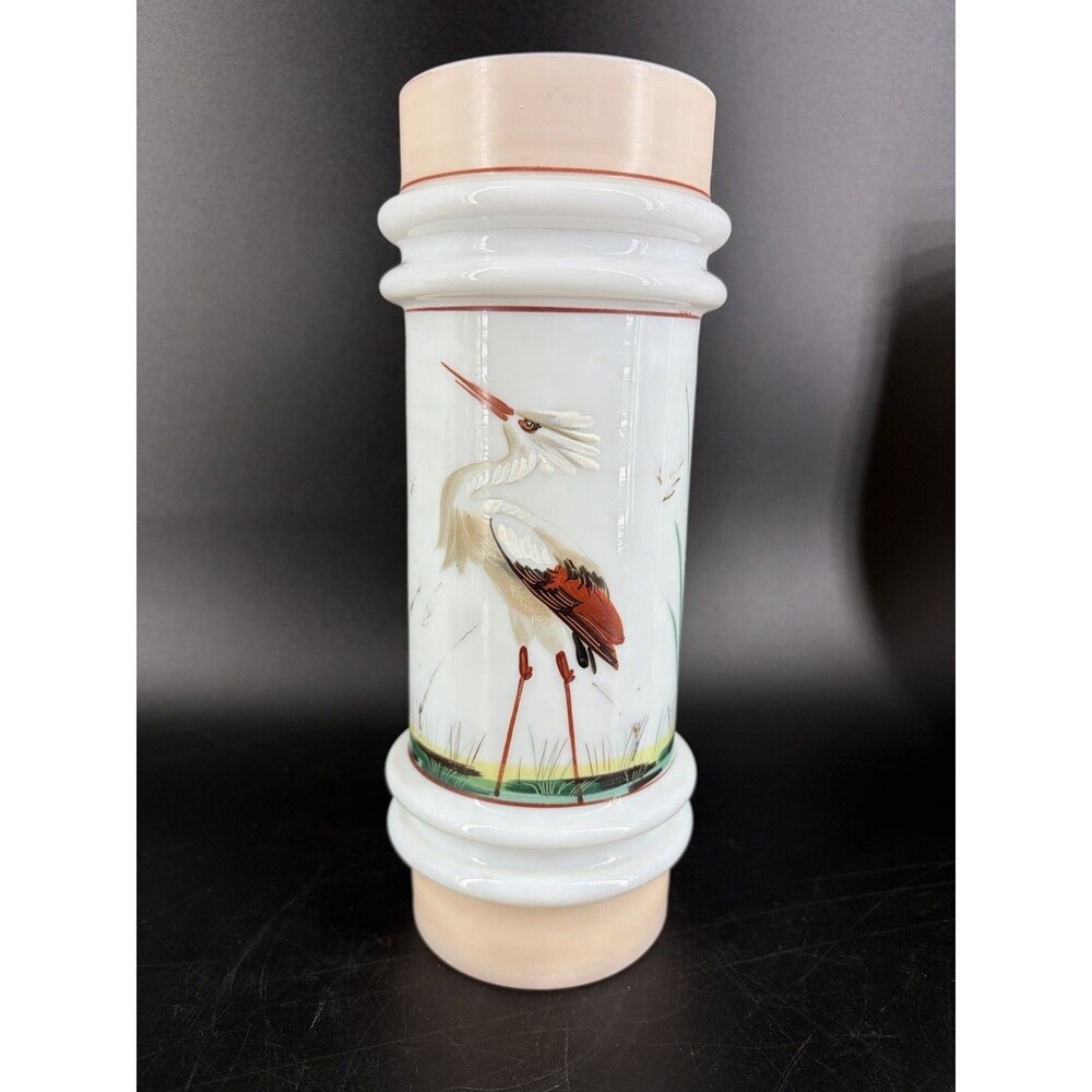 Antique Mt Washington Smith Bros Opalware Glass Painted Crane Heron Bird Vase